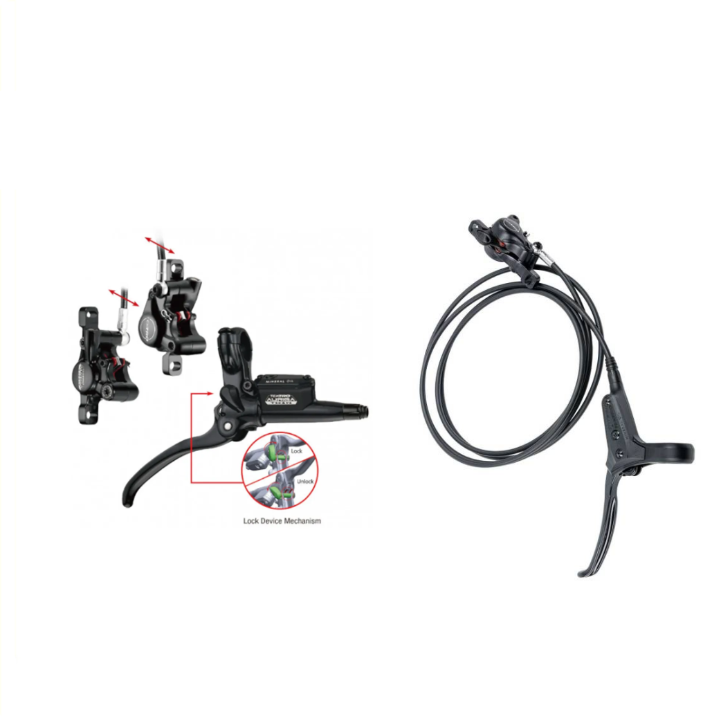 Kit de freins à disque Tektro pour vélo cargo HD-T525 (côté droit) avec 2 étriers et HD-T520 (côté gauche) avec 1 étrier et fonction frein à main. Disques de frein non inclus.