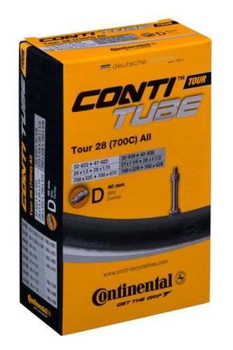 Chambre à air Continental Tour 28 All, 28x1 5/8x1 3/8, ETRTO 32/47-622. 32/42-630/635. Valve hollandaise de 40 mm