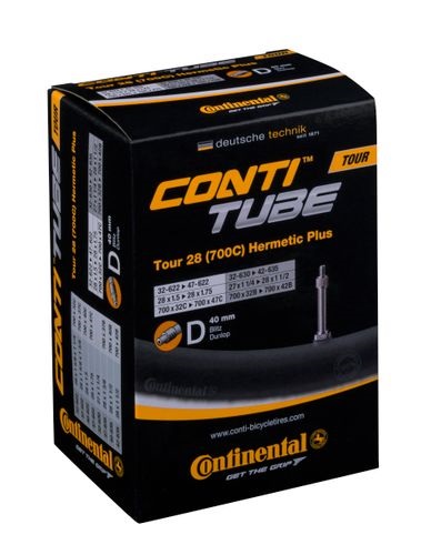 Chambre à air Continental Tour 28 Hermetic Plus, 28x1 5/8x1 3/8, ETRTO 32/47-622. 32/42-630/635. Valve hollandaise de 40 mm
