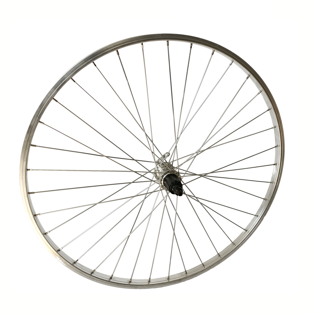 Roue arrière 28x1 5/8x1 3/8 jante aluminium argent. Moyeu de patte de cassette, 8/9/10 vitesses, rayon 14