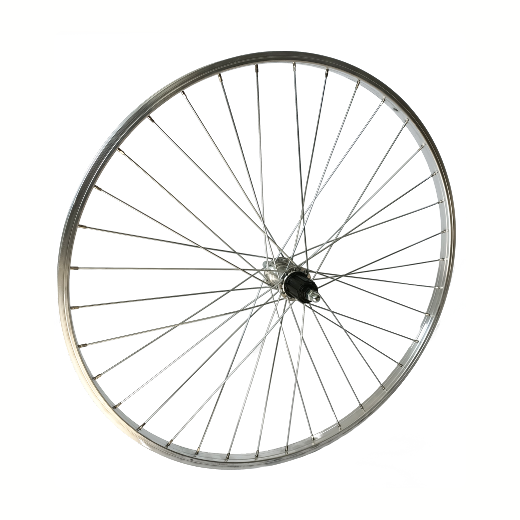 Roue arrière 28x1 5/8x1 3/8 jante aluminium argent. axe plein, moyeu cassette, 7/8 vitesses, rayon 14