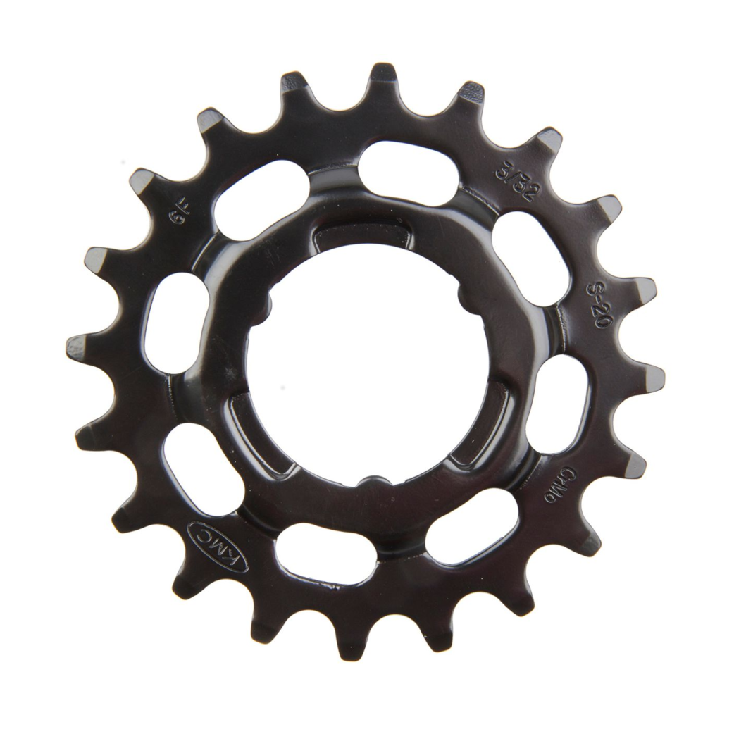 Pignon KMC 20T Shimano, pour moyeux à vitesses Shimano. 1/2x3/32. acier chromé trempé, noir