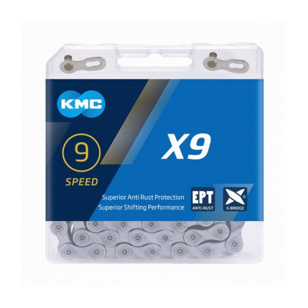 Chaîne KMC X9 EPT argent foncé 1/2x1128, antirouille, 9 vitesses.