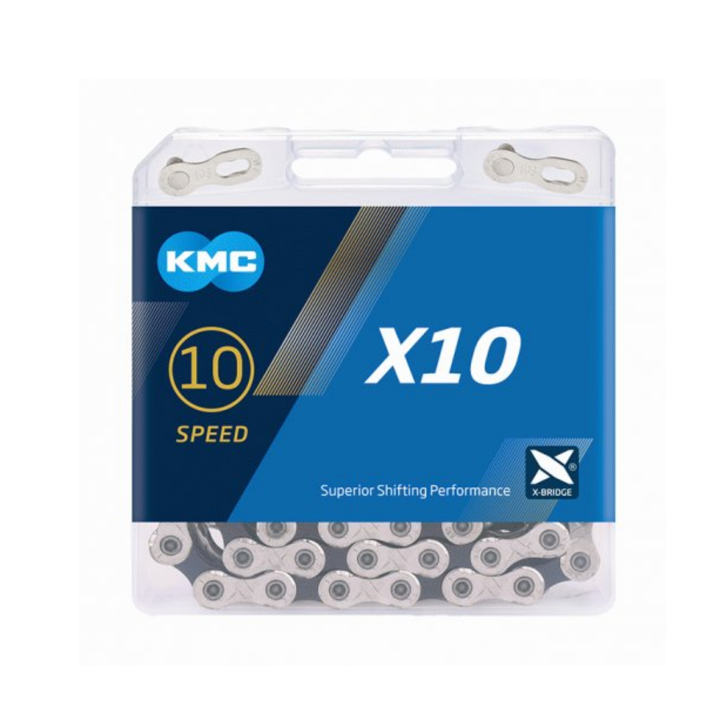 Chaîne KMC X10 argent/noir 1/2x1128, 10 vitesses.