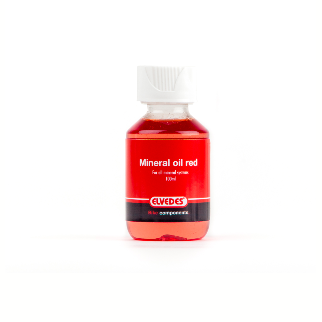 Huile minérale Elvedes pour tous les systèmes de freinage minéraux. Flacon 100ml, couleur rouge.
