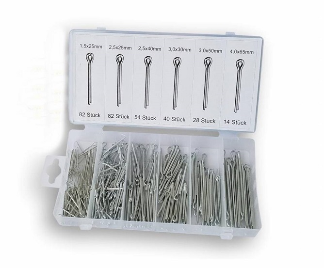 Assortiment de goupilles fendues, 300 pièces dans une boîte de rangement.