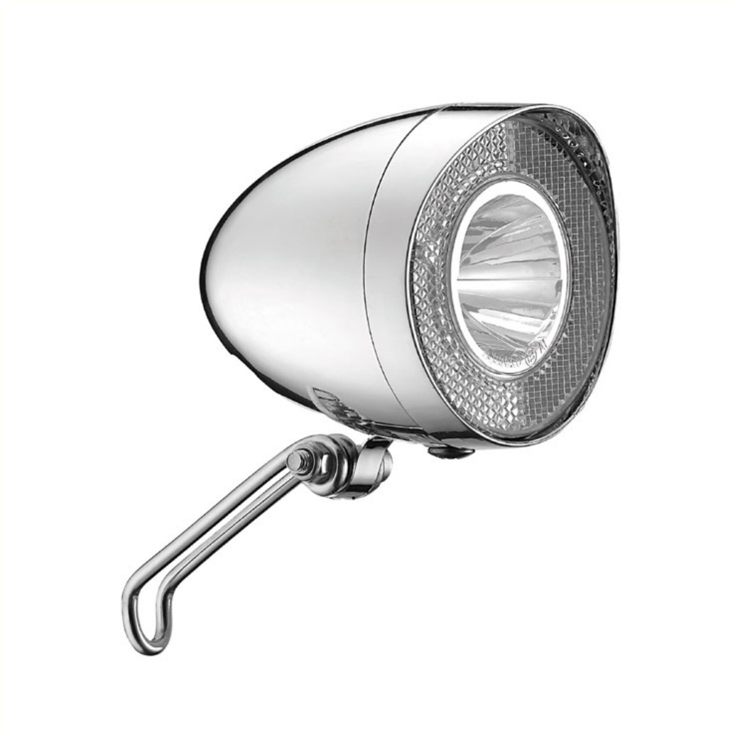 Phare rétro Union LED UN-4928 argent, dynamo de moyeu 20 LUX. Avec interrupteur marche/arrêt + capteur automatique lumière/obscurité, approuvé K-1122
