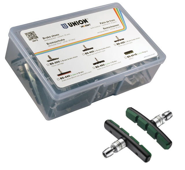 Plaquette de frein Union BS-460 V-brake 75 mm (goupille symétrique). Par 25 paires, pour E-Bike
