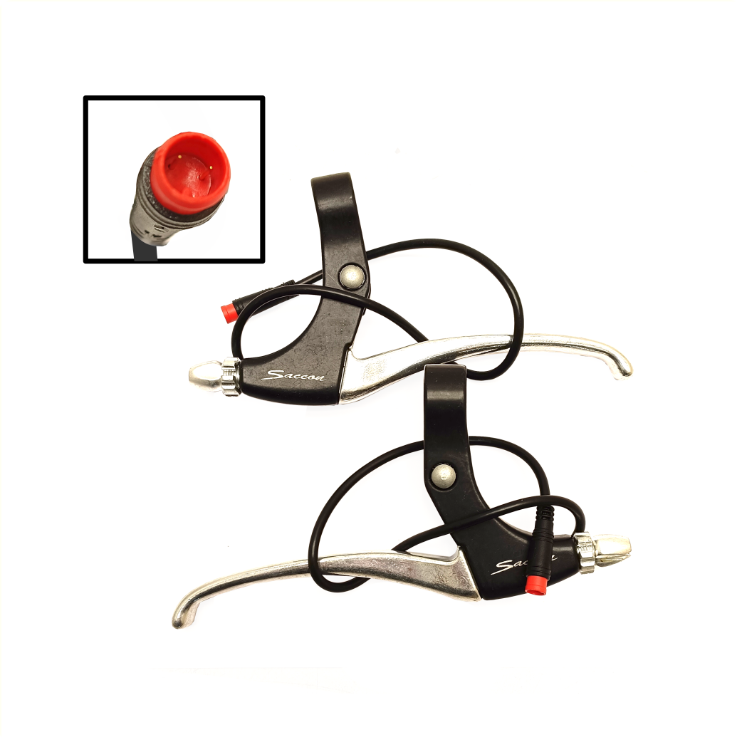 Jeu de leviers de frein Saccon pour vélo électrique avec interrupteur de coupure de frein magnétique. Noir argent