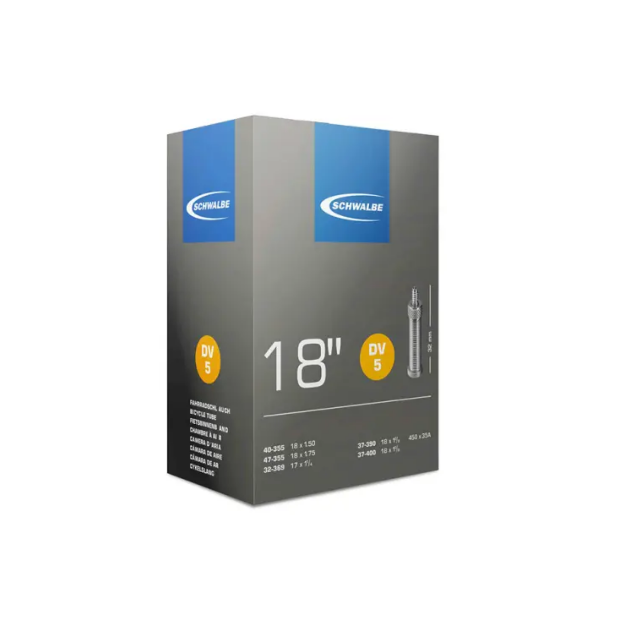Chambre à air Schwalbe 18x1,75 ETRTO 32/47-340-355, Dunlop Blitz/Holland DV5