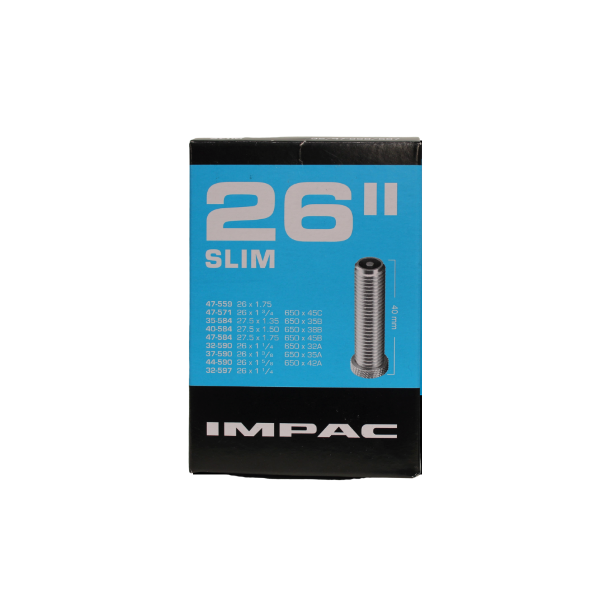 Chambre à air Impac (par Schwalbe) AV26 SLIM 26x1.75 - 26 x1 3/8 - 26x 1 1/4 ETRTO 32/47-559/597, Valve : Schrader/auto40mm
