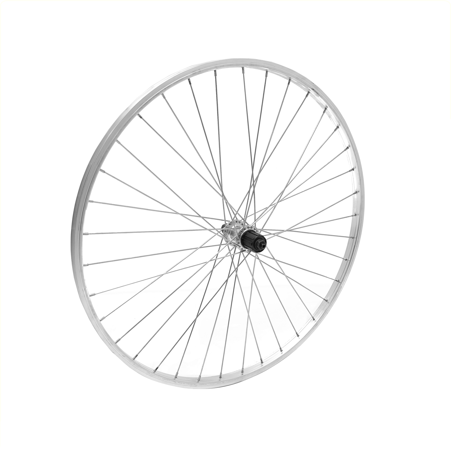 Roue arrière 28x1 5/8x1 3/8 jante en aluminium, argent. Moyeu de cassette à pattes, 7 vitesses, rayons 13